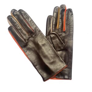 Gants-en-cuir-agneau-marron-pour-femme-entredoigts-et-rebord-couleurs-modèle-Binche-vue-de-face