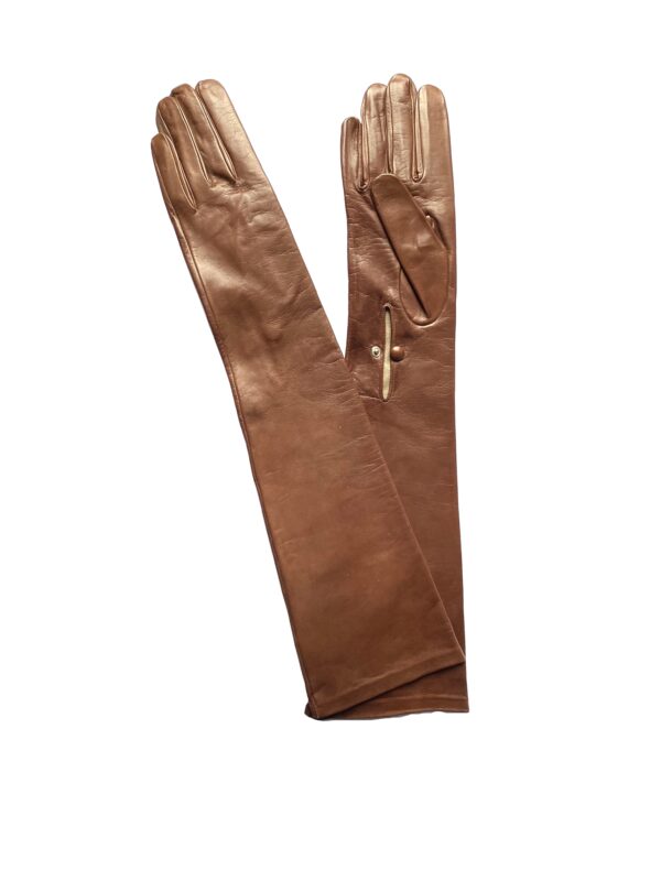 GANTS-CUIR-LONG-AU-DESSUS-COUDE-MARRON-FEMME-DOUBLE-SOIE-BOUTON-FERMETURE-MODELE-LOS-ANGELES-VUE-FACE