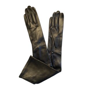 GANTS-CUIR-LONG-AU-DESSUS-COUDE-NOIR-FEMME-DOUBLE-SOIE-BOUTON-FERMETURE-MODELE-LOS-ANGELES-VUE-FACE-PLIE