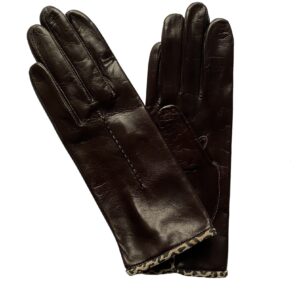 GANTS-CUIR-MARRON-DOUBLURE-SOIE-REBORD-CUIR-IMPRIME-LEOPARD-MODELE-BAYONNE-VUE-FACE-NERVURE-HAUT-MAIN
