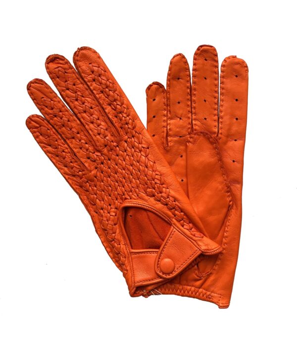 GANTS-DE-CONDUITE-CUIR-AGNEAU-TRESSE-FEMME-ORANGE-MODELE-CHARLESTON-VUE-FACE