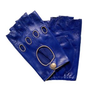 MITAINES-CUIR-DOIGTS-COUPES-NON-DOUBLE-BLEU-COBALT-REBORD-BRUN-GABARDINE-POUR-HOMME-MODELE-GUIA-VUE-FACE