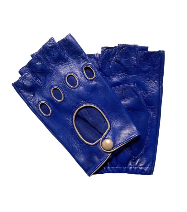 MITAINES-CUIR-DOIGTS-COUPES-NON-DOUBLE-BLEU-COBALT-REBORD-BRUN-GABARDINE-POUR-HOMME-MODELE-GUIA-VUE-FACE