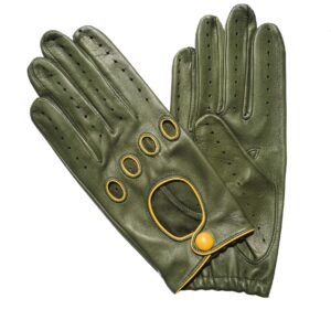 GANTS-DE-CONDUITE-EN-CUIR-VERT-OLIVE-BORD-OCRE-NON-DOUBLE-HOMME-MODELE-BAKOU-VUE-FACE-BOUTON-FERMETURE-ET-FRONCE