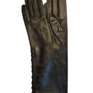 GANTS-LONG-EN-CUIR-NOIR-DOUBLE-SOIE-FEMME-BOUTON-COTE-MODELE-DAMAS-VUE-FACE