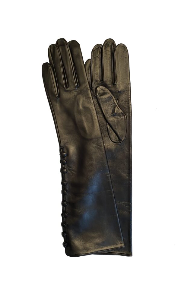 GANTS-LONG-EN-CUIR-NOIR-DOUBLE-SOIE-FEMME-BOUTON-COTE-MODELE-DAMAS-VUE-FACE
