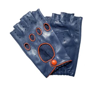 MITAINES-GANTS-DE-CONDUITE-DOIGTS-COUPES-EN-CUIR-BLEU-BORD-ORANGE-NON-DOUBLE-HOMME-MODELE-GUIA-VUE-FACE B