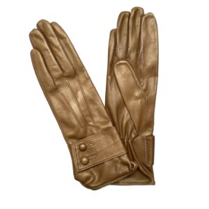 GANTS-CUIR-AGNEAU-DOUBLE-SOIE-COULEUR-BRUN-GABARDINE-MOTIF-BRACELET-ET-BOUTONS-POUR-FEMME_MODELE-FOGGIA-VUE-FACE