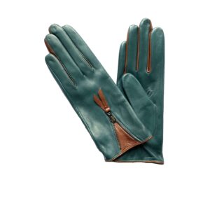 GANTS-CUIR-ZIP-DECORATIF-BLEU-PETROLE-GABARDINE-DOUBLURE-SOIE-FEMME_MODELE-HAMPTON-VUE-FACE